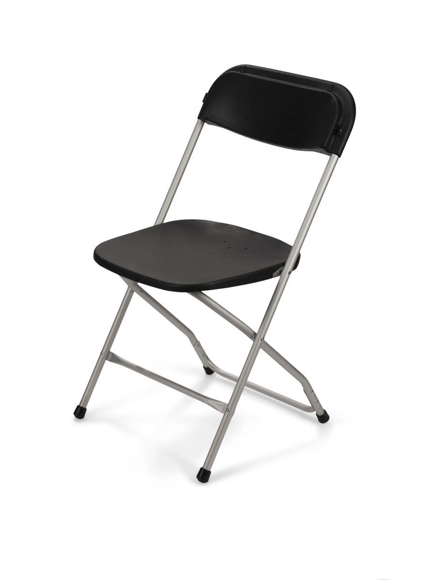 Black folding chair with a gray metal frame, on a white background.