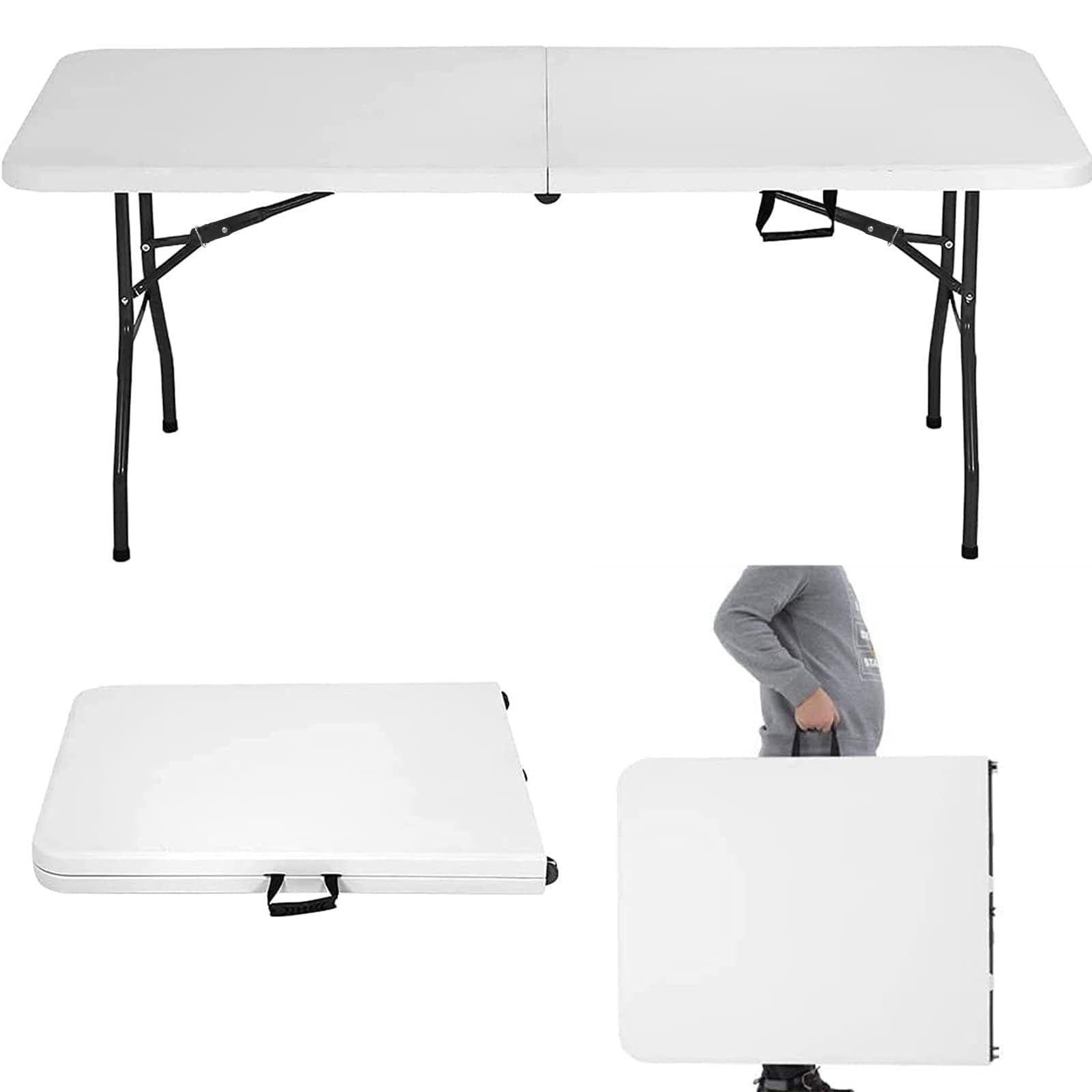 White folding rectangular table, unfolded and folded, with black legs and carrying handle.
