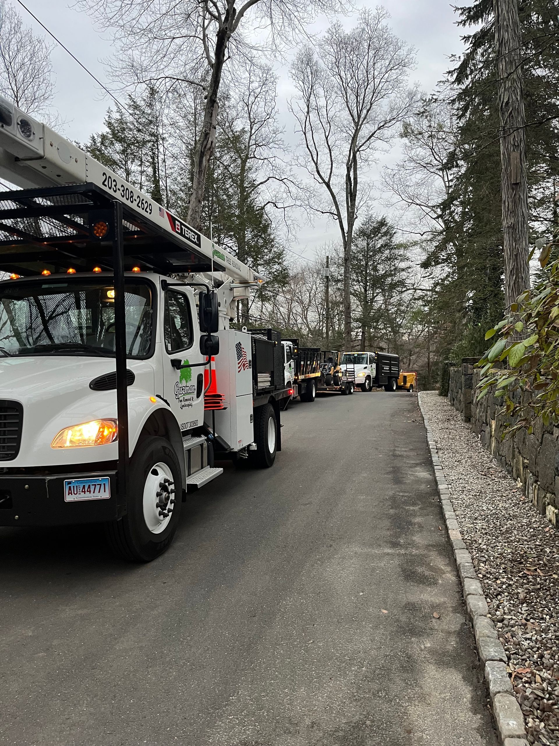 Line of utility trucks parked along a narrow paved road beside trees and snowbanks