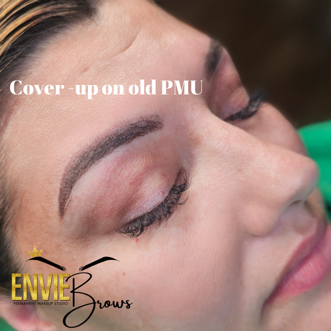 A close up of a woman's face with the caption cover up on old pmu