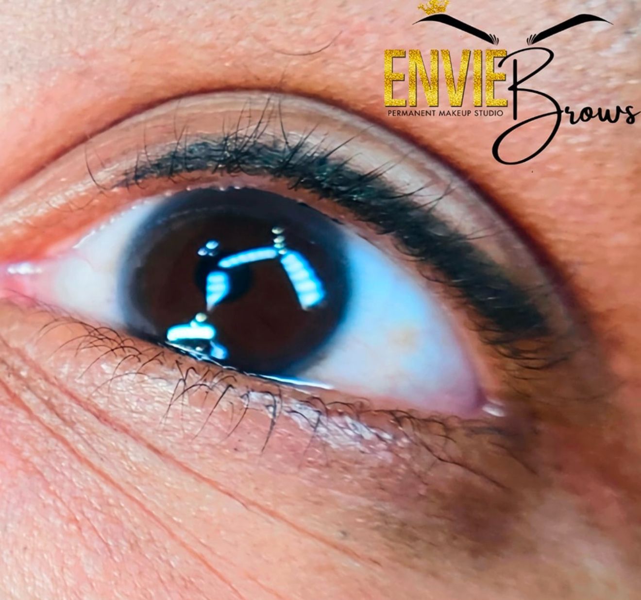 A close up of a woman's eye with envy brows written on it