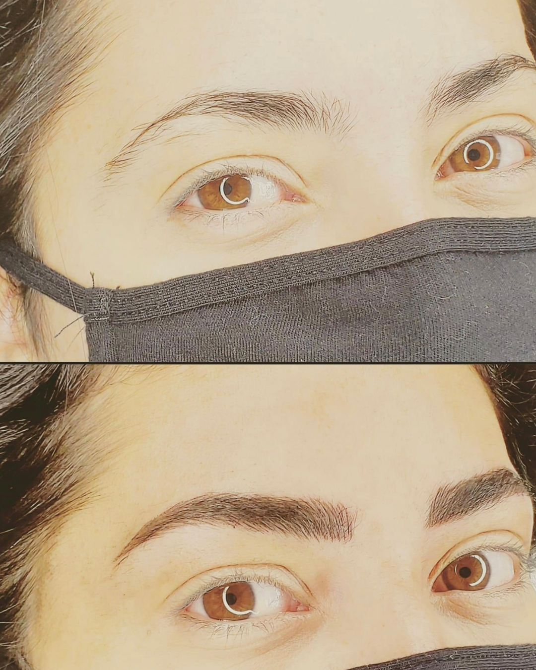 A woman wearing a mask and a before and after picture of her eyebrows.
