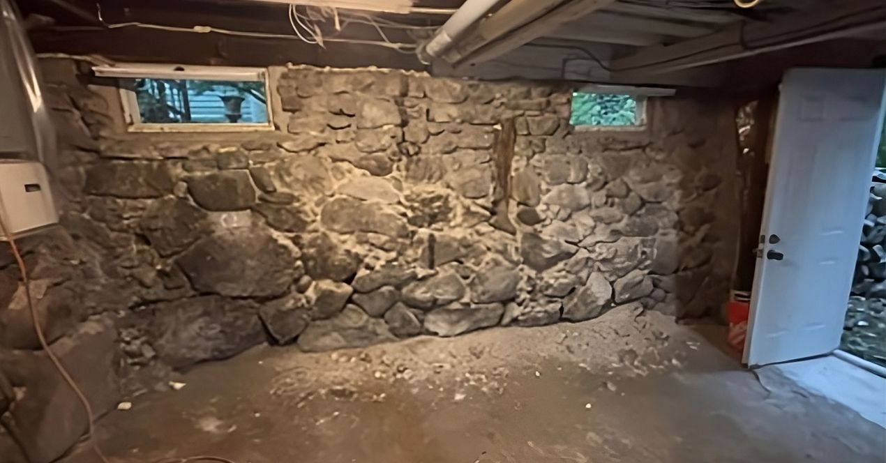Basement with rough stone wall, small windows, exposed ceiling beams, and open doorway to daylight.
