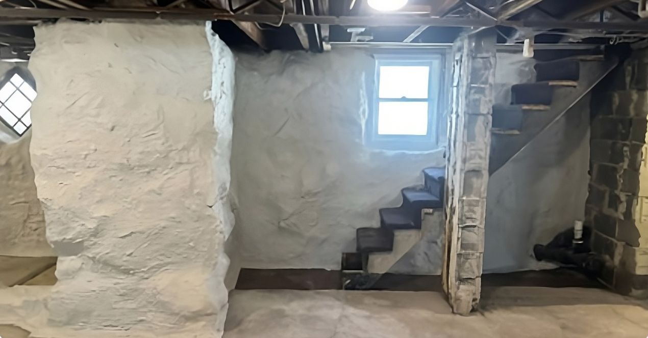 Basement room with white plaster walls, exposed beams, small window, and stone steps to an upper level.