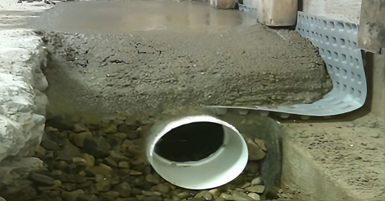 A white drainage pipe opening under a concrete slab beside a corrugated metal wall.