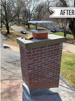 Brick chimney on a rooftop with a metal cap and flashing, viewed from above on a residential street.