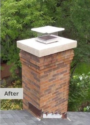 Brick chimney with new white cap and metal vent on a roof, labeled “After”