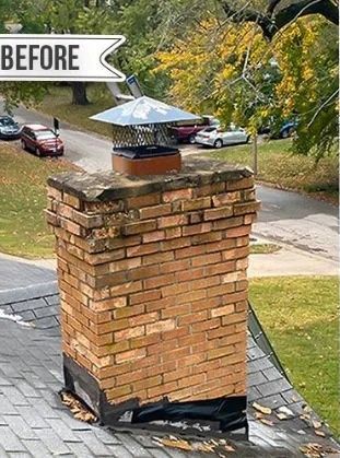 Brick chimney with damaged base on a roof, with a “BEFORE” sign in the background.