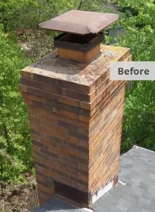 Brick chimney stack with a metal cap on a shingled roof, labeled “Before”