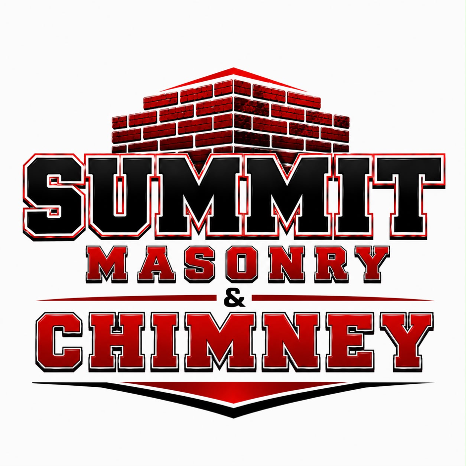 Summit Masonry & Chimney logo with red brick chimney and bold black, red, and white text