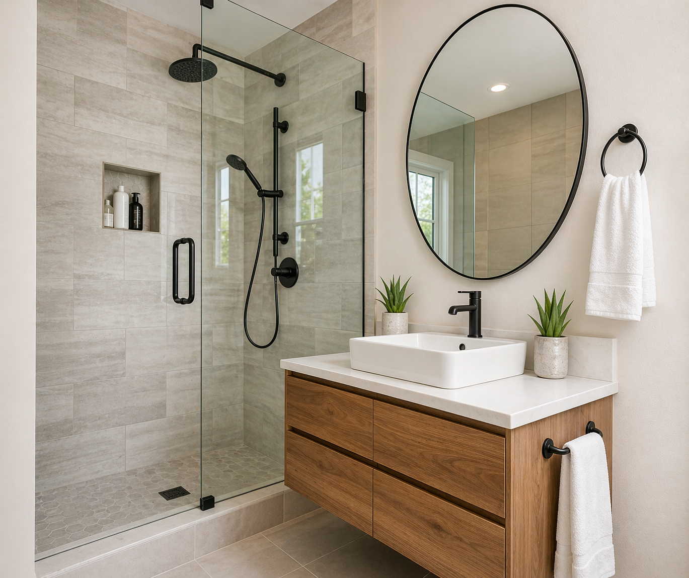 Modern bathroom with glass shower, oval mirror, wood vanity, and white sink