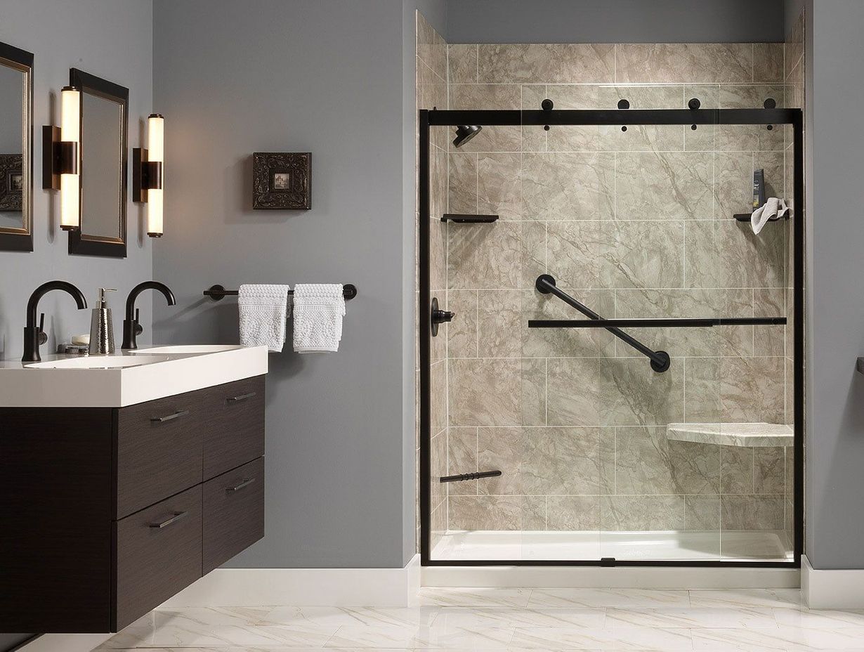 Modern bathroom with dark vanity, double sinks, wall lights, and a glass walk-in shower with grab bars.