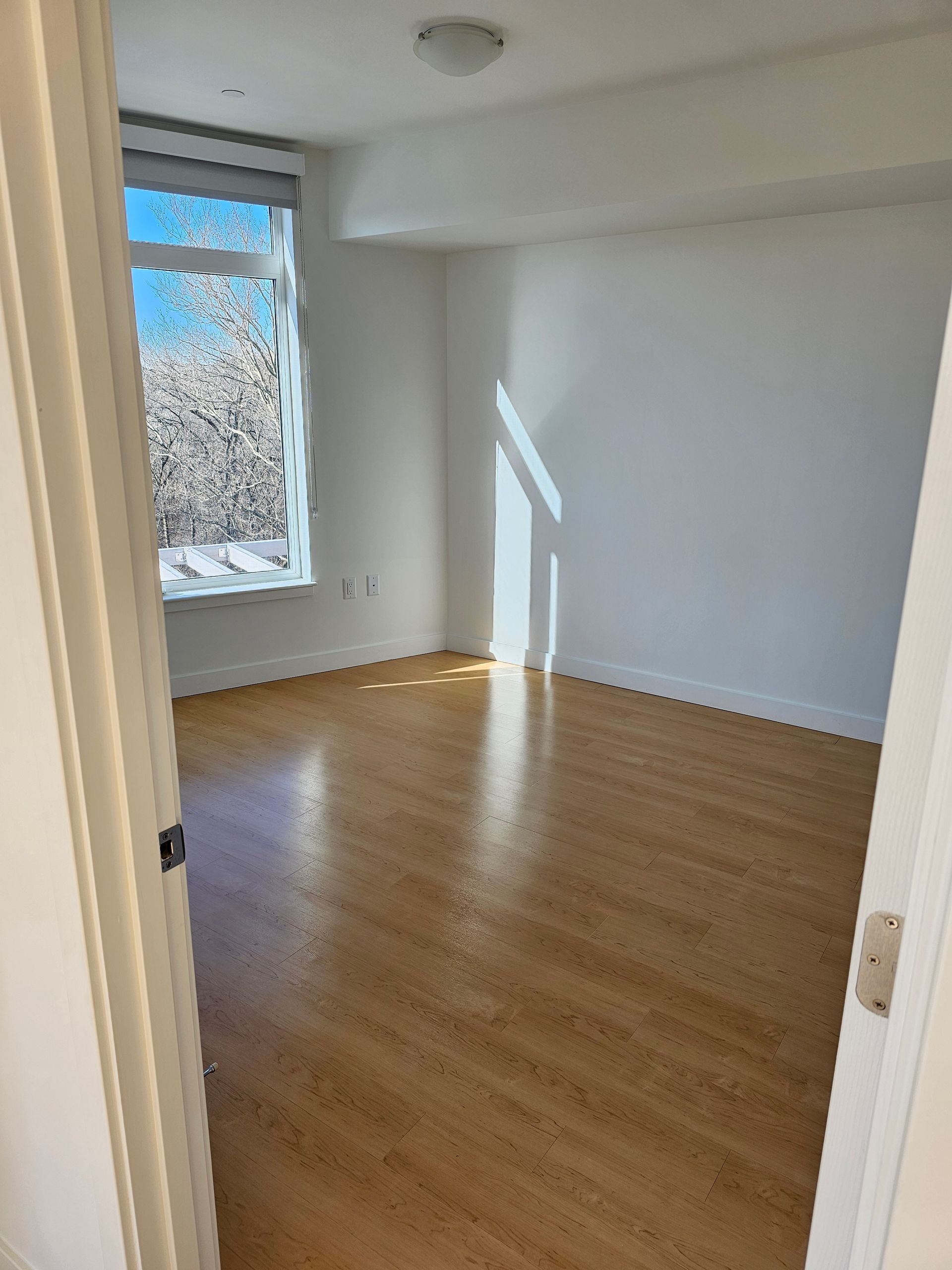 Empty room with hardwood floor, bright window, and white walls.