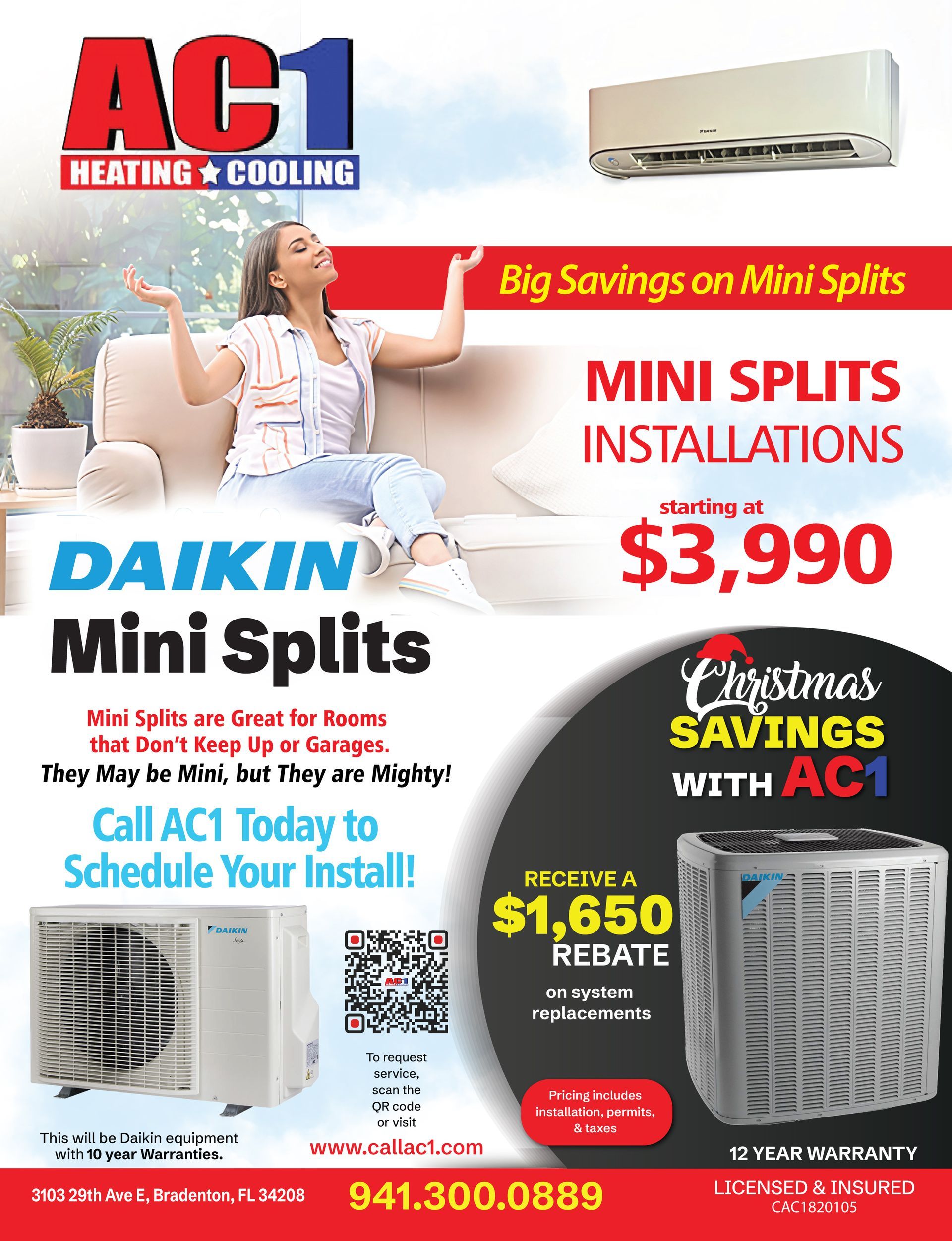 Advertisement for AC1 Heating & Cooling: Mini split installation starting at $3,990. Features a woman with arms raised and a Daikin rebate offer.
