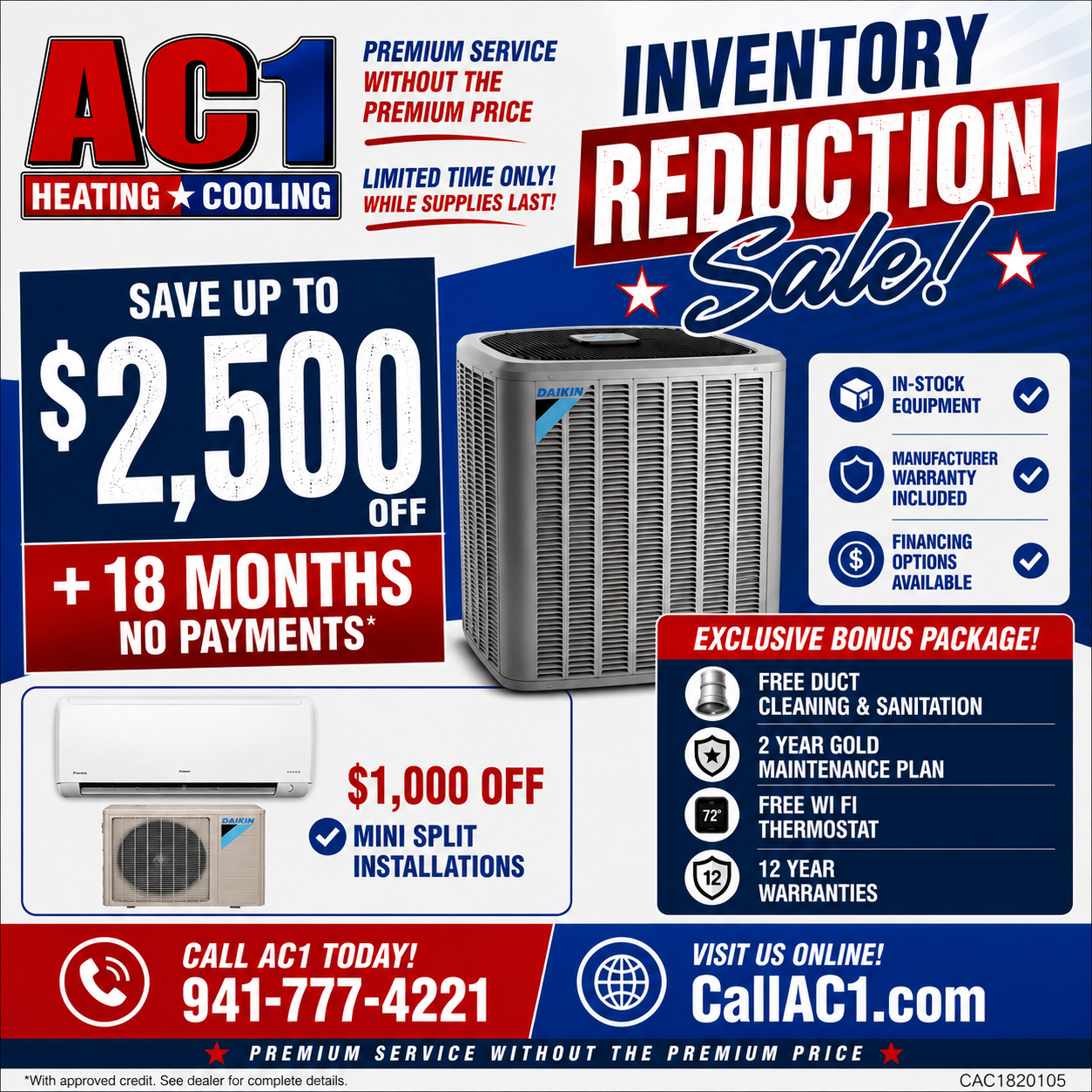 AC1 Heating & Cooling inventory reduction sale ad with HVAC units and savings up to $2,500