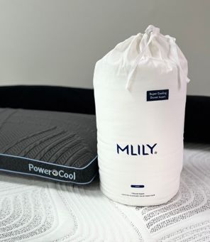 A pillow and a bag of foam are on a bed