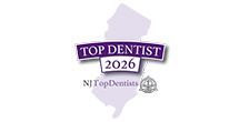 A purple banner with the text TOP DENTIST 2026 and NJ TopDentists centered over a faint purple map of New Jersey.