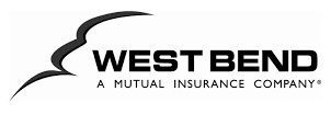 The west bend mutual insurance company logo is black and white.