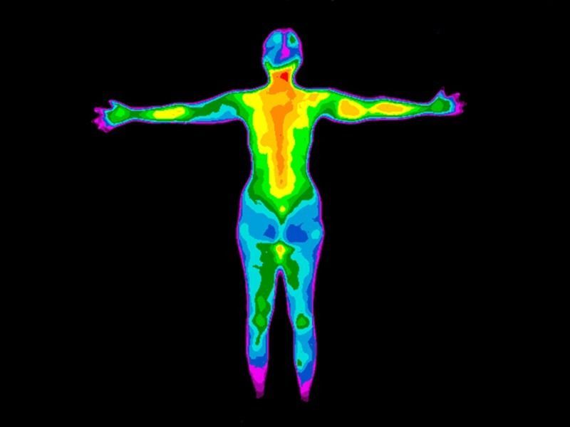 Thermal body scan; person with arms outstretched, showing heat distribution in a rainbow color spectrum.