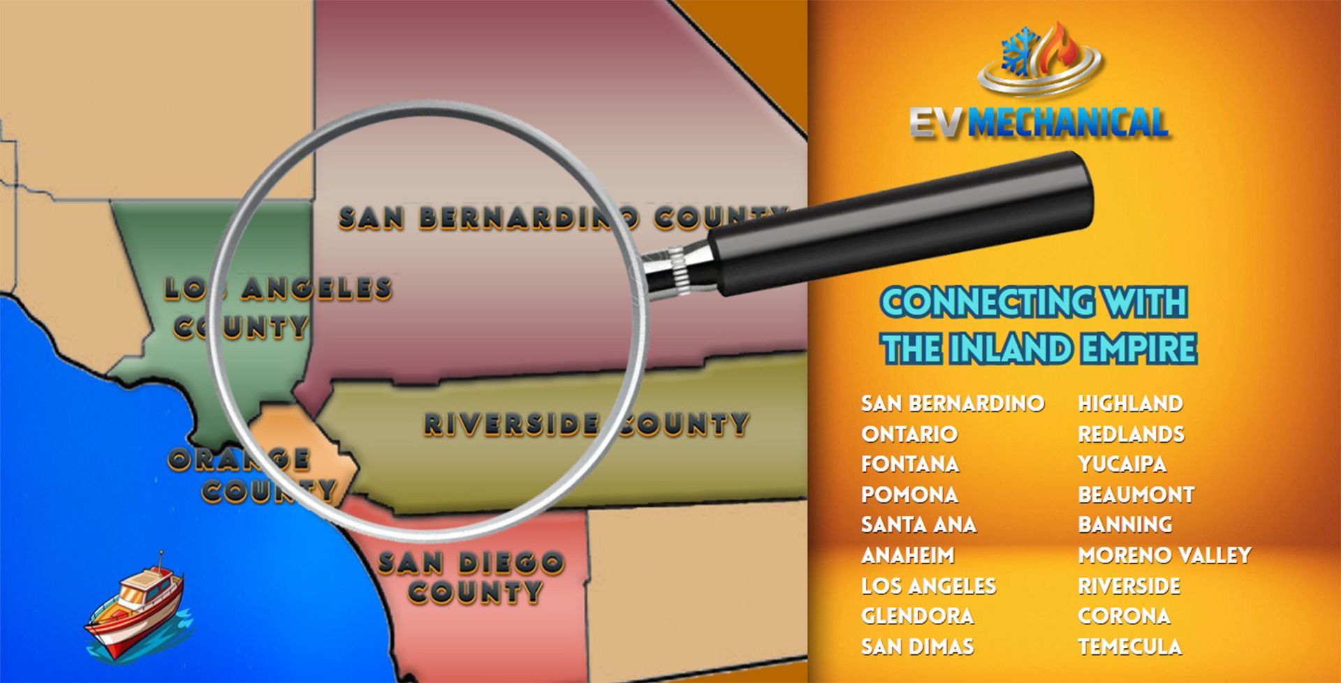 Orange map graphic with microscope, titled “Connecting with the Inland Empire,” listing local counties and cities