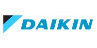Daikin logo in blue and black with a teal geometric accent on a white background