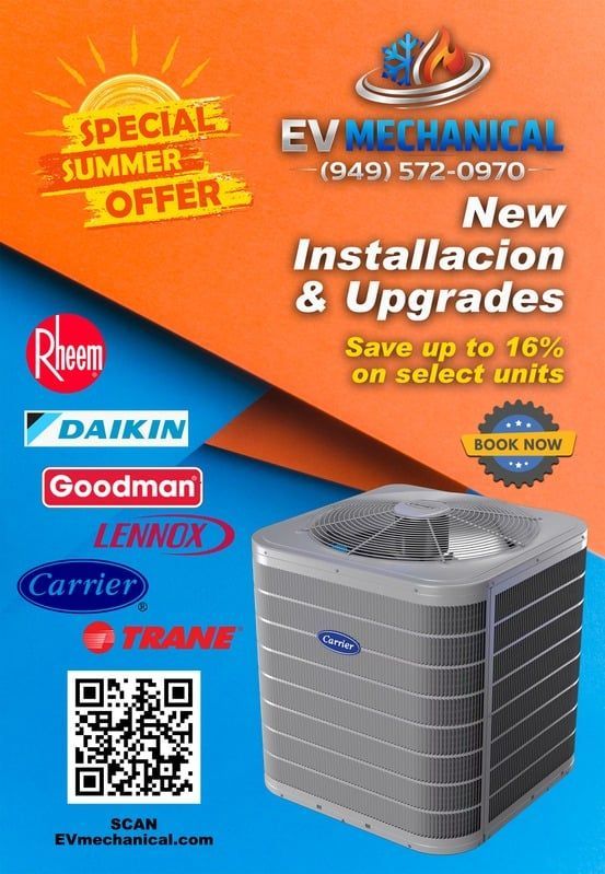 HVAC ad for EV Mechanical: new installation & upgrades, summer offer, AC brands, and QR code on blue background