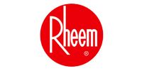 Rheem logo in white on a red circle background
