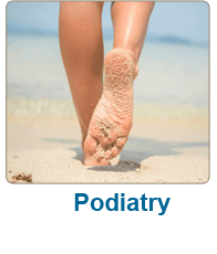 Feet in sand with text Podiatry