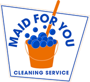 Logo for "Maid For You" cleaning service: orange bucket with blue bubbles and a mop.