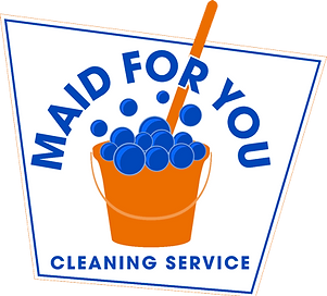 Logo for "Maid For You" cleaning service: orange bucket with blue bubbles and a mop.