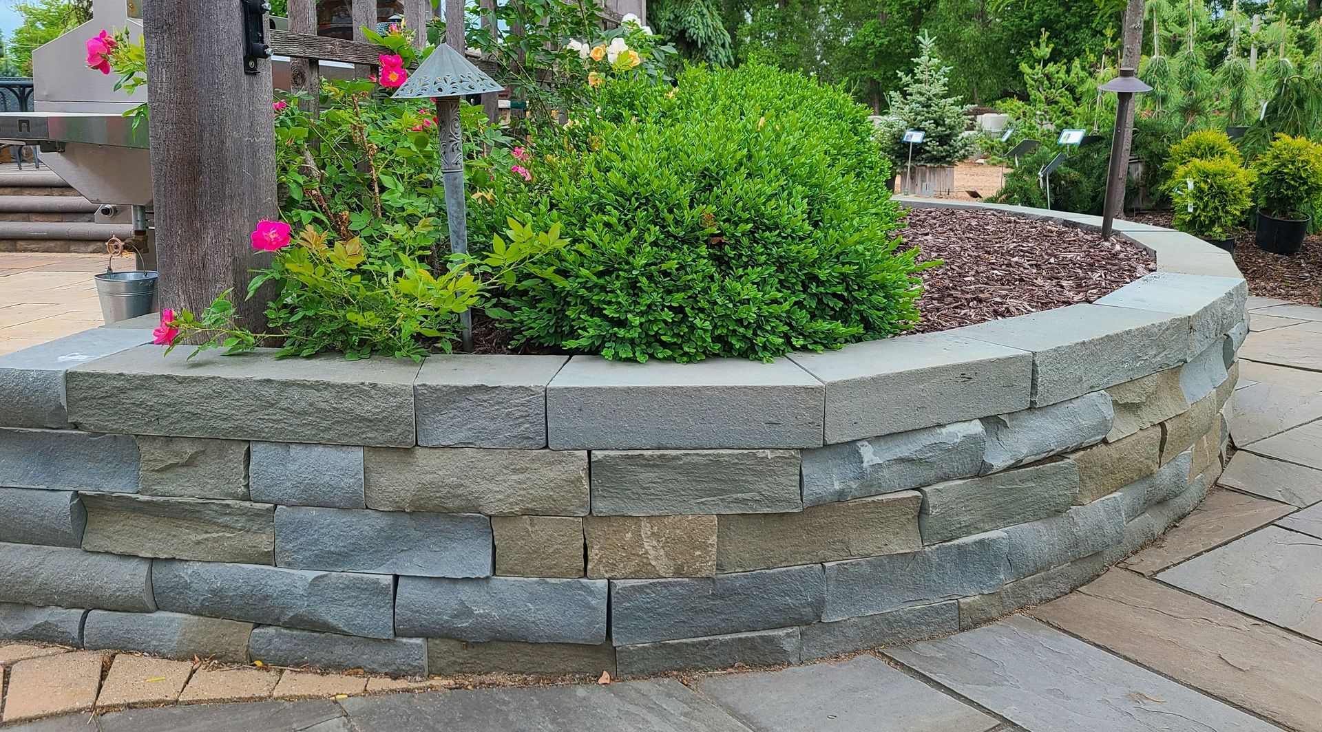 Curved stone retaining wall with plants and mulch.
