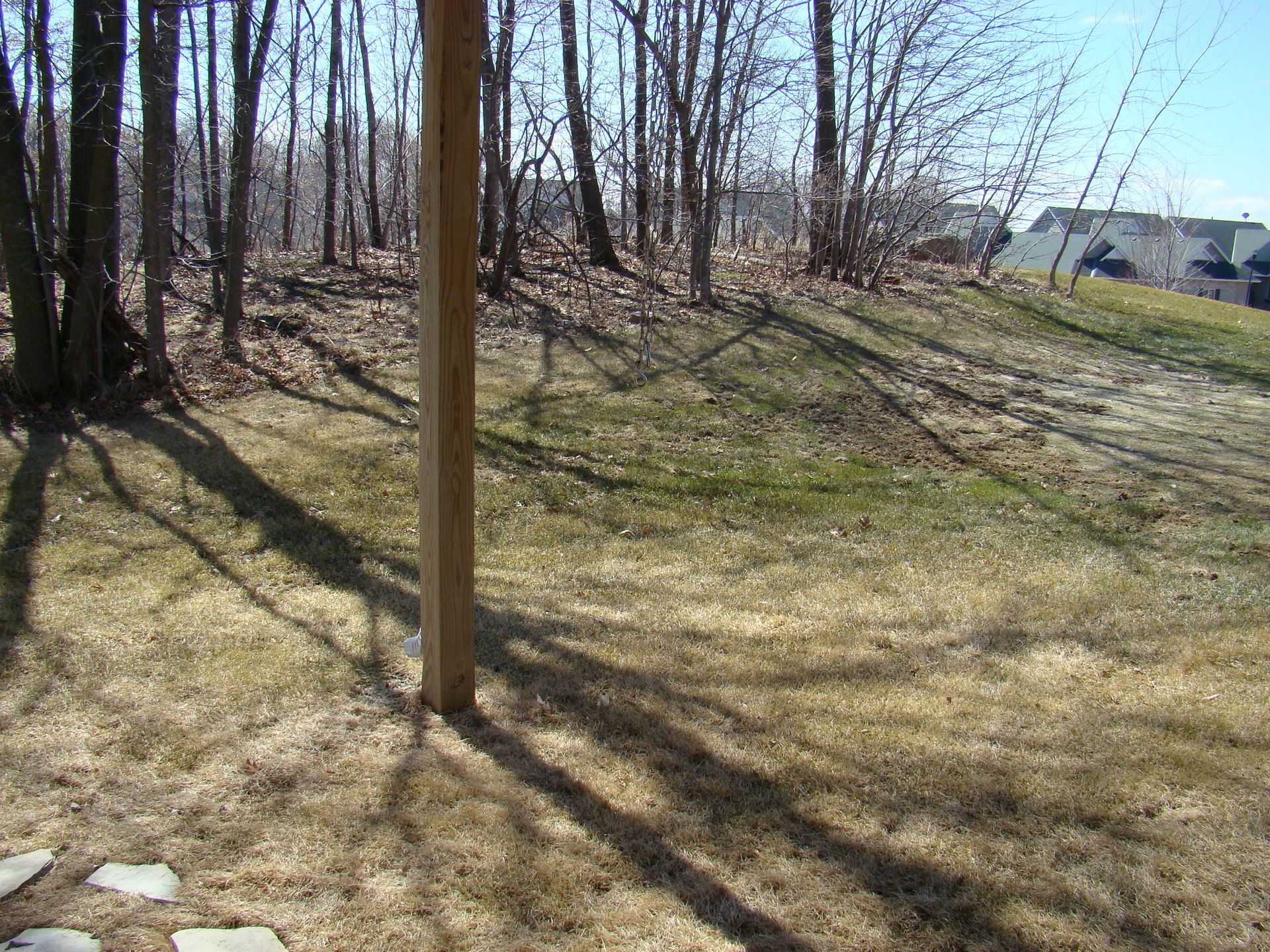 Brown grass with shadows from trees and a wooden post in a sunny outdoor setting.