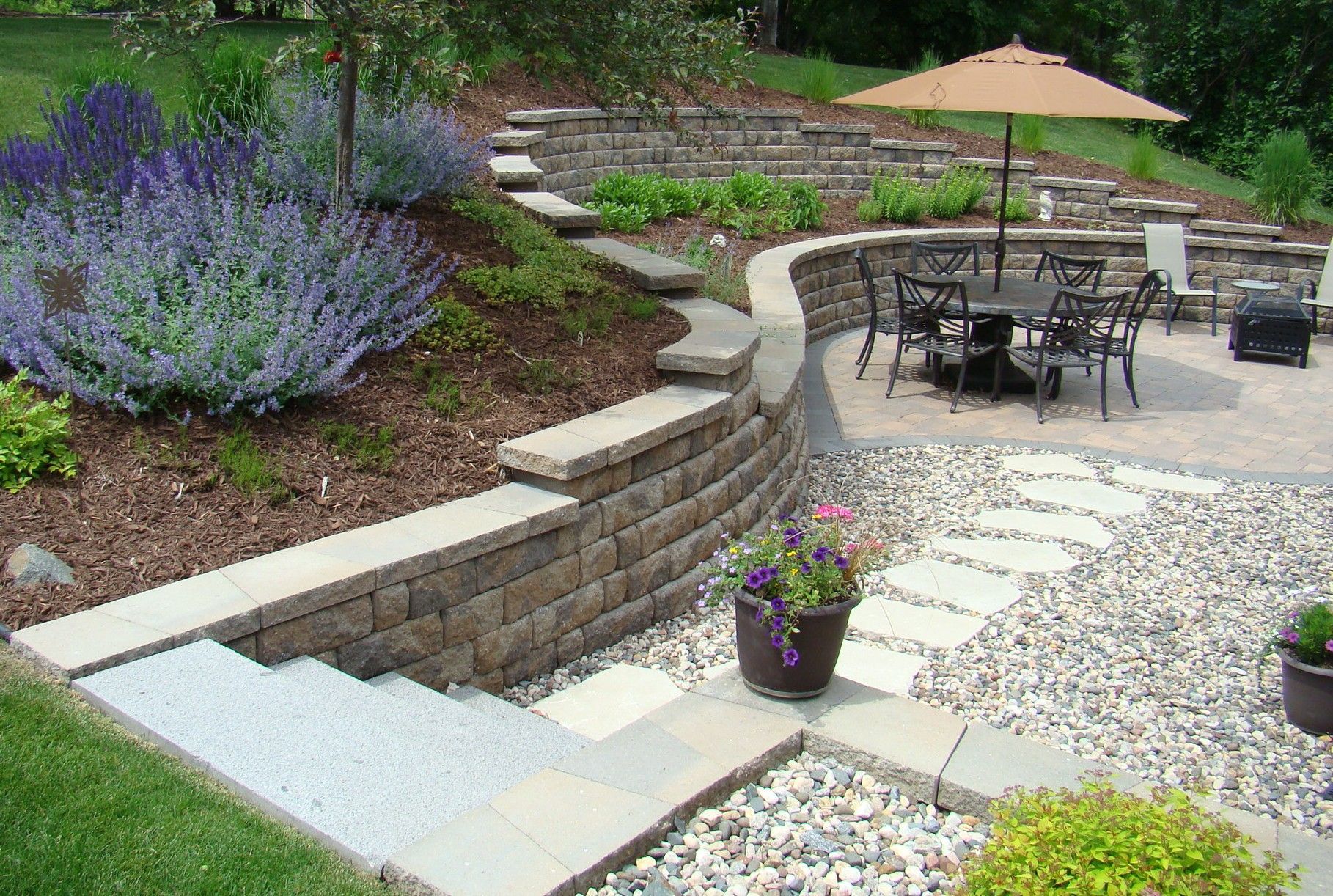 Landscaped backyard with retaining walls, steps, patio, and lush gardens.