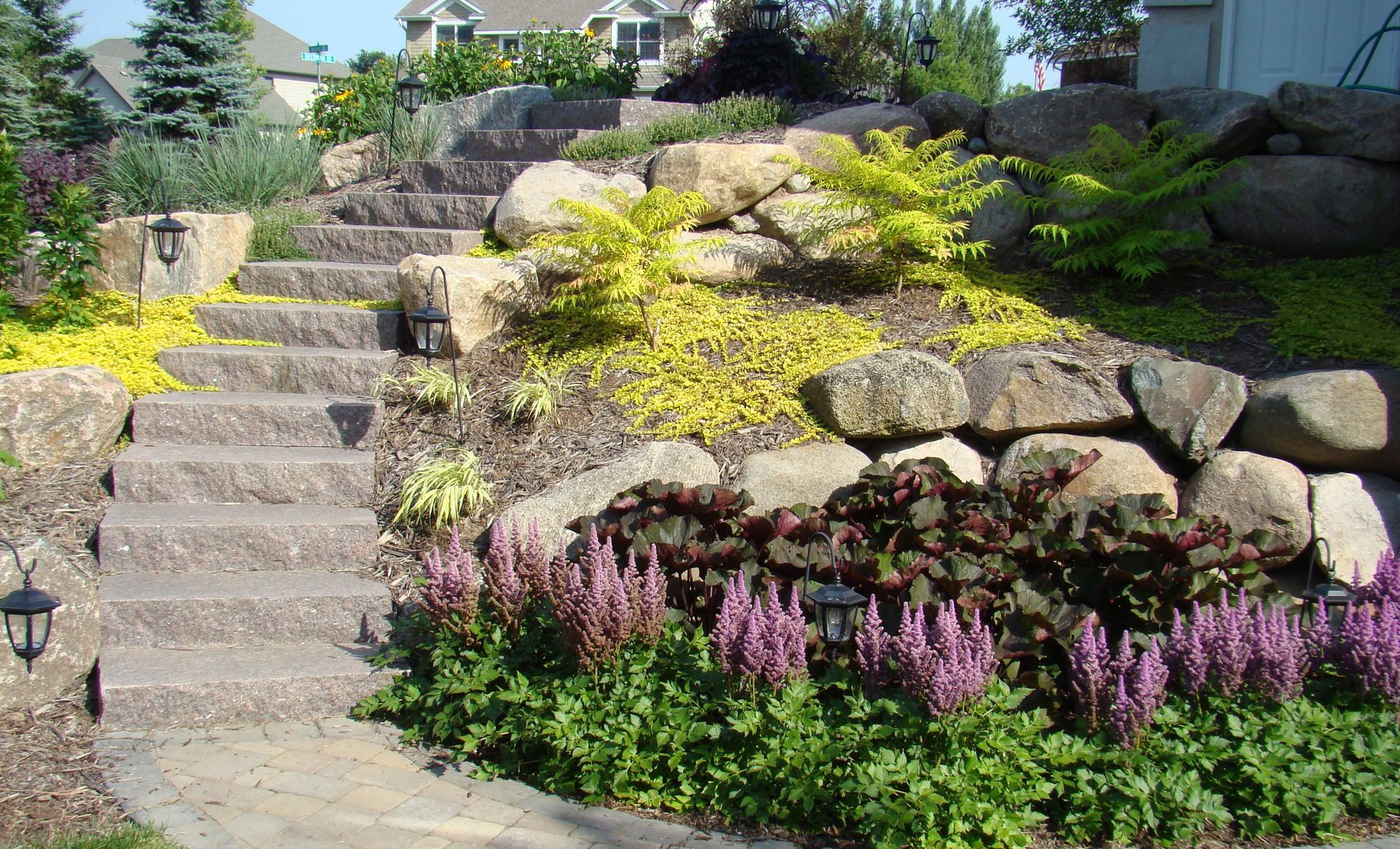 Stone steps ascending a terraced hillside garden with various plants and boulders.