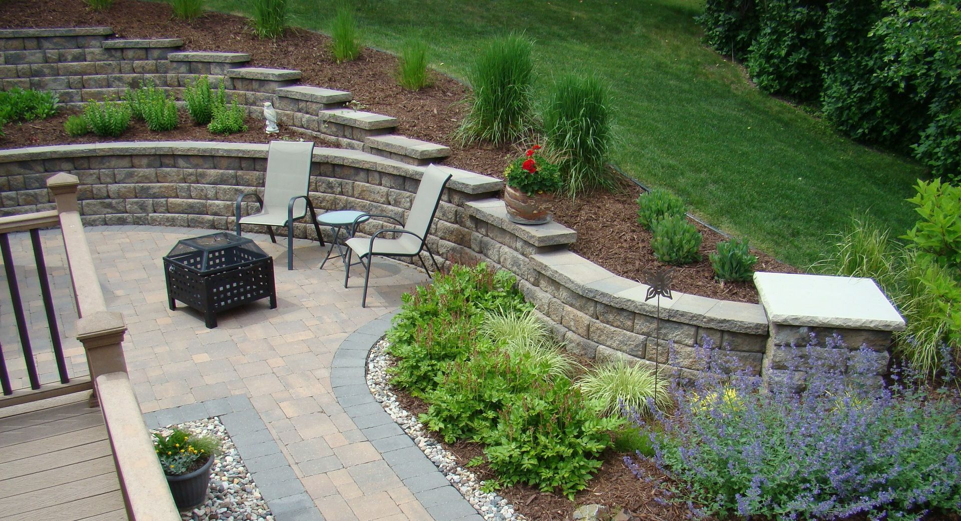 Outdoor patio with stone retaining walls, fire pit, seating, and landscaping.