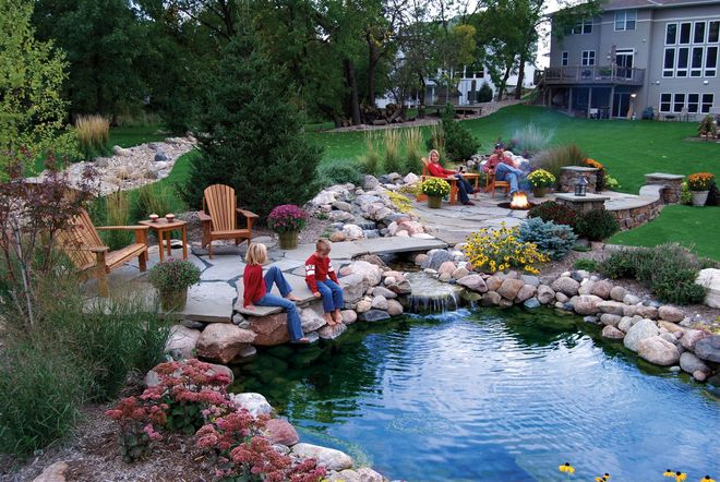 A backyard with a pond, seating areas, and a fire pit; people relaxing near water and fire.