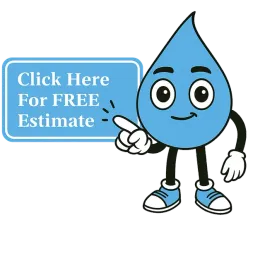 A blue water droplet character pointing to a sign that says, “Click Here for FREE Estimate.”