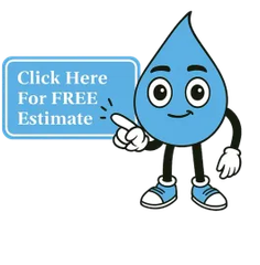 A blue water droplet character pointing to a sign that says, “Click Here for FREE Estimate.”