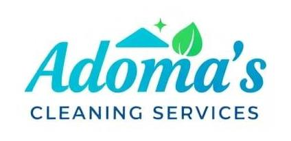 Logo for Adoma's Cleaning Services; teal text with a house, star, and leaf icon.