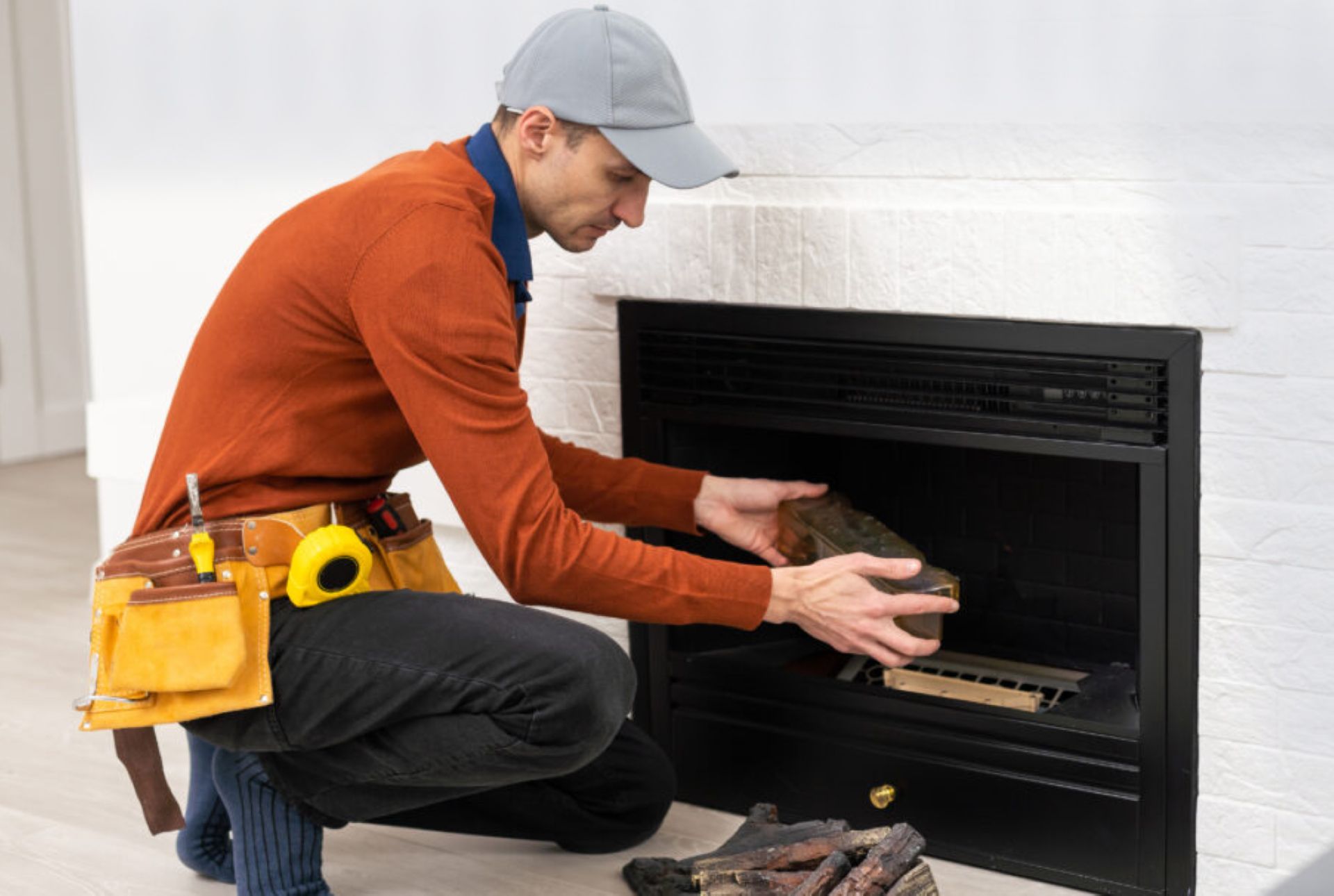 Technician kneeling at a fireplace, inspecting the black insert with tools on a white wall.