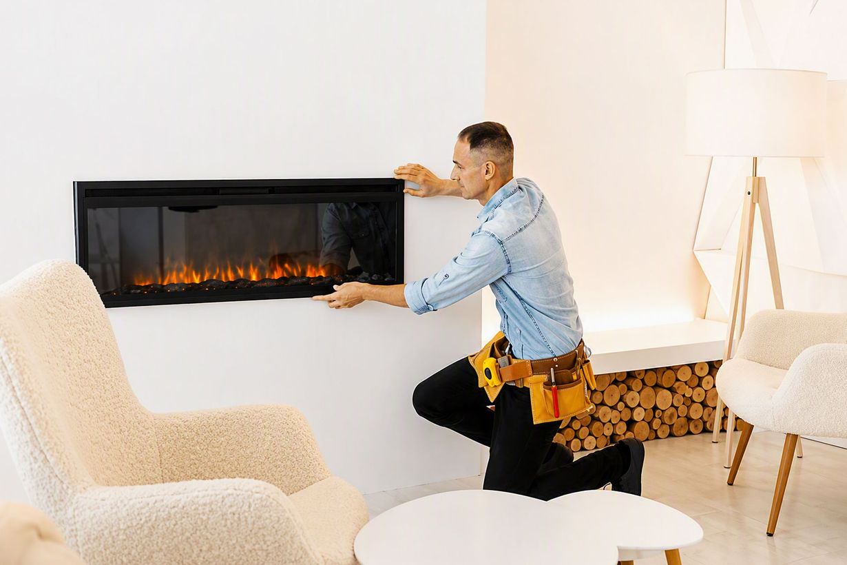Man installing a black electric fireplace in a bright living room with cream chairs and a white lamp
