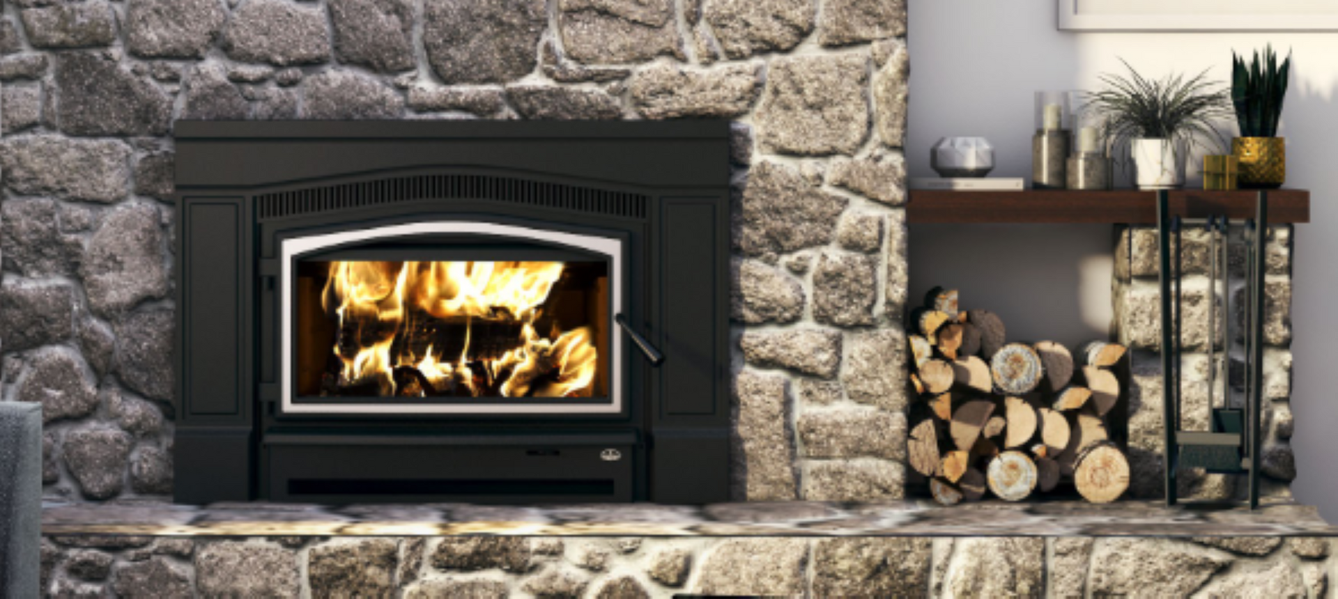 Stone fireplace with a burning fire, next to stacked logs and a shelf with decor