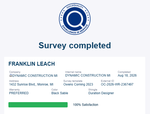 Survey completed screen with Franklin Leach details and a green 100% satisfaction bar.