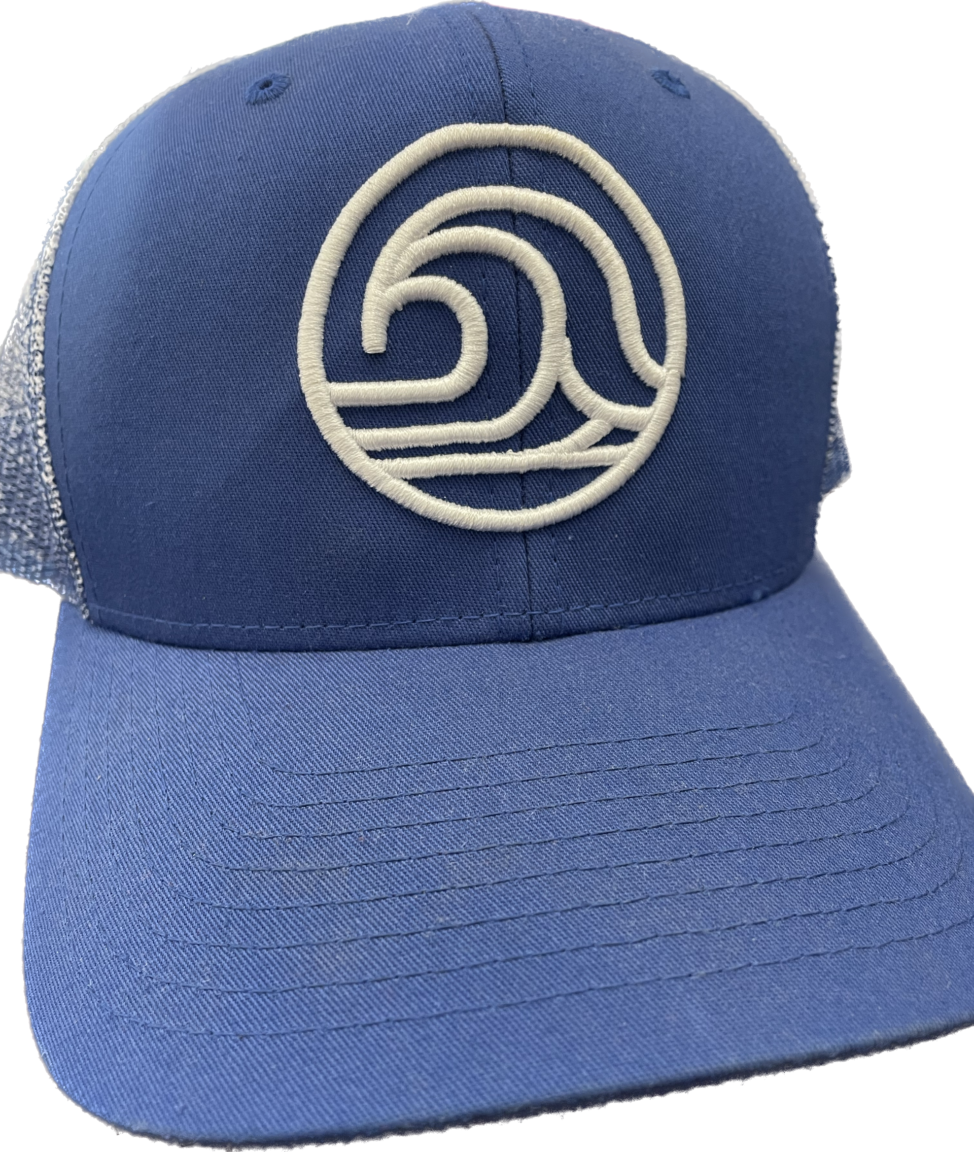 A blue baseball cap with a white wave embroidered on it