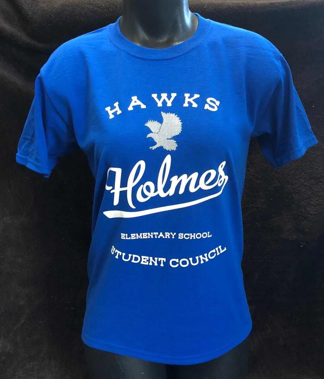 A blue hawks holmes elementary school student council t-shirt
