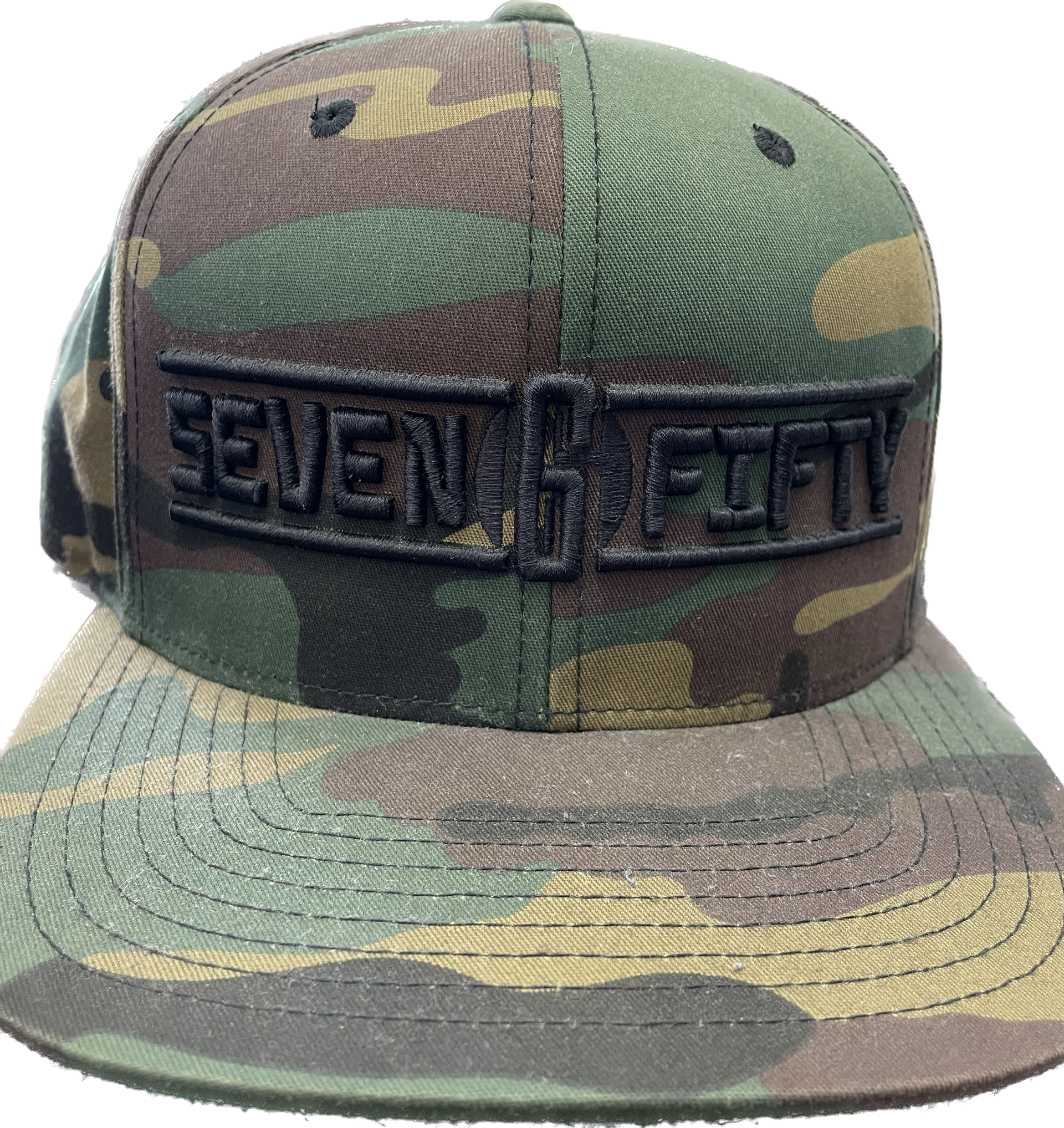 A camouflage hat with the words seven fifty embroidered on it