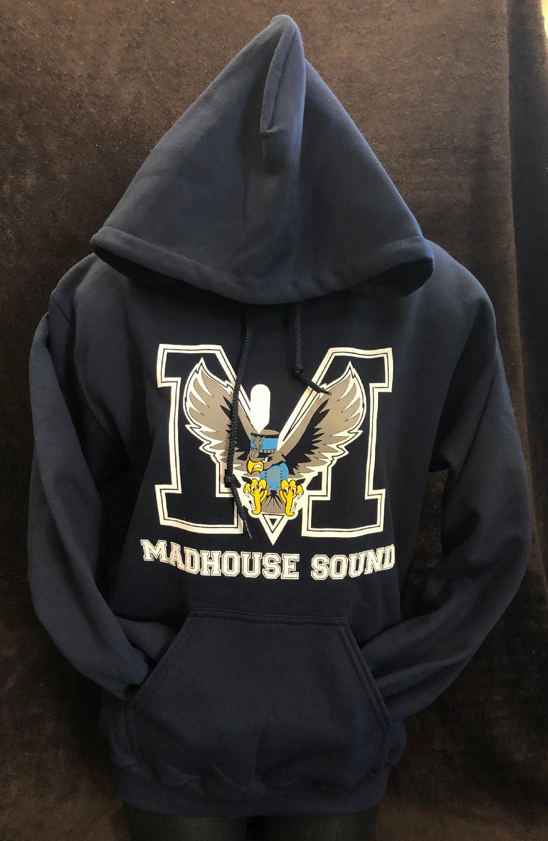 A blue madhouse sound hoodie with an eagle on it