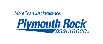 Plymouth Rock Assurance logo: blue text and diagonal swoosh, tagline 