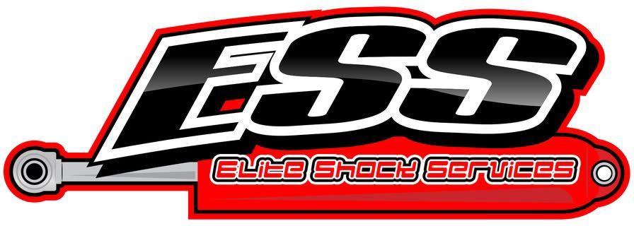 Logo for Elite Shock Services: "ESS" in black and white, with a shock absorber design in red.