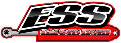 Logo for Elite Shock Services: "ESS" in black and white, with a shock absorber design in red.